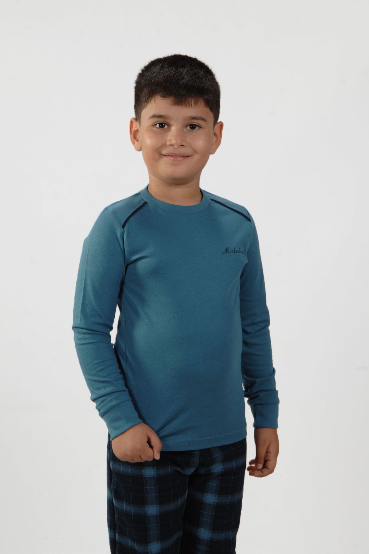 Mavi Ekoseli Erkek Çocuk Pijama Takımı Kışlık Uzun Kollu Pijama 3002
