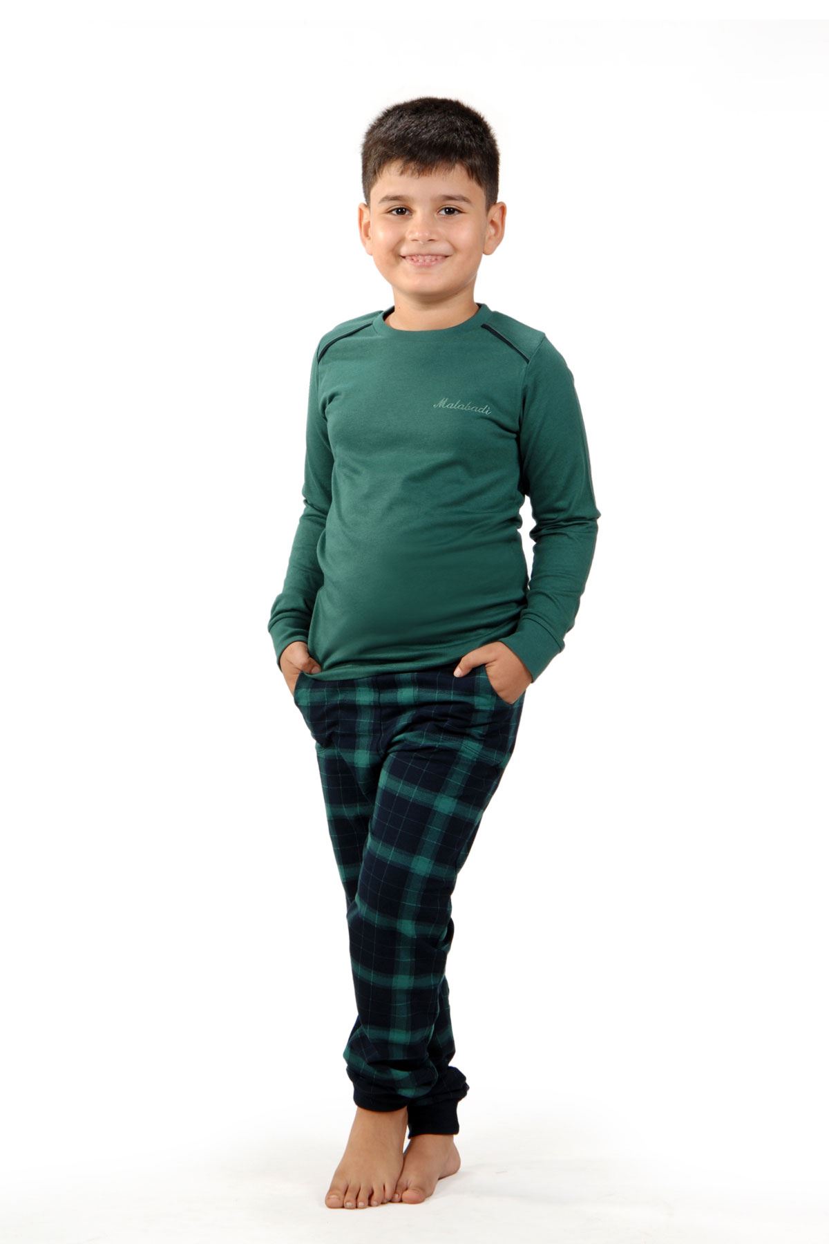 Yeşil Ekoseli Erkek Çocuk Pijama Takımı Kışlık Uzun Kollu Pijama 3002