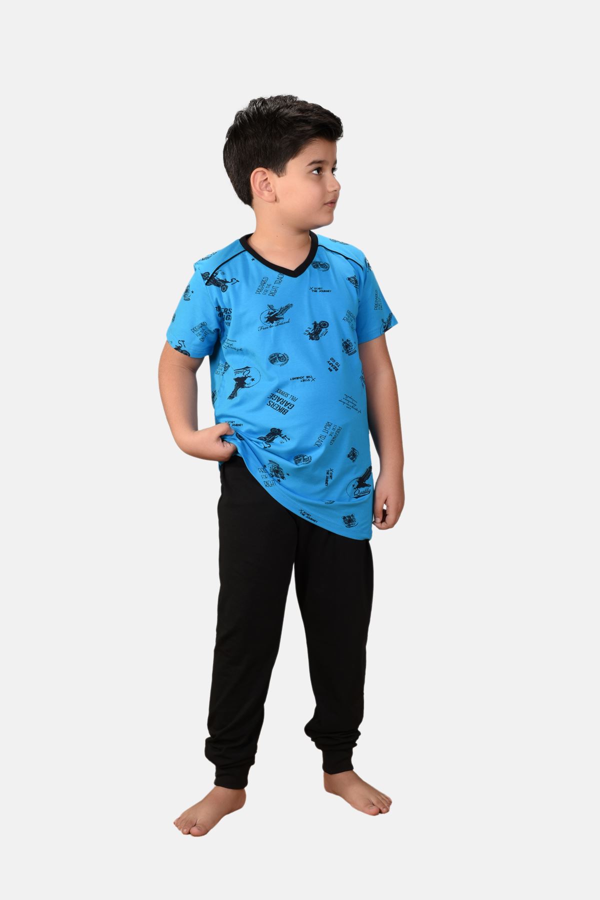 Açık Mavi Erkek Çocuk 3 Parça Desenli Yazlık Pijama Takımı 2-14 Yaş 3001
