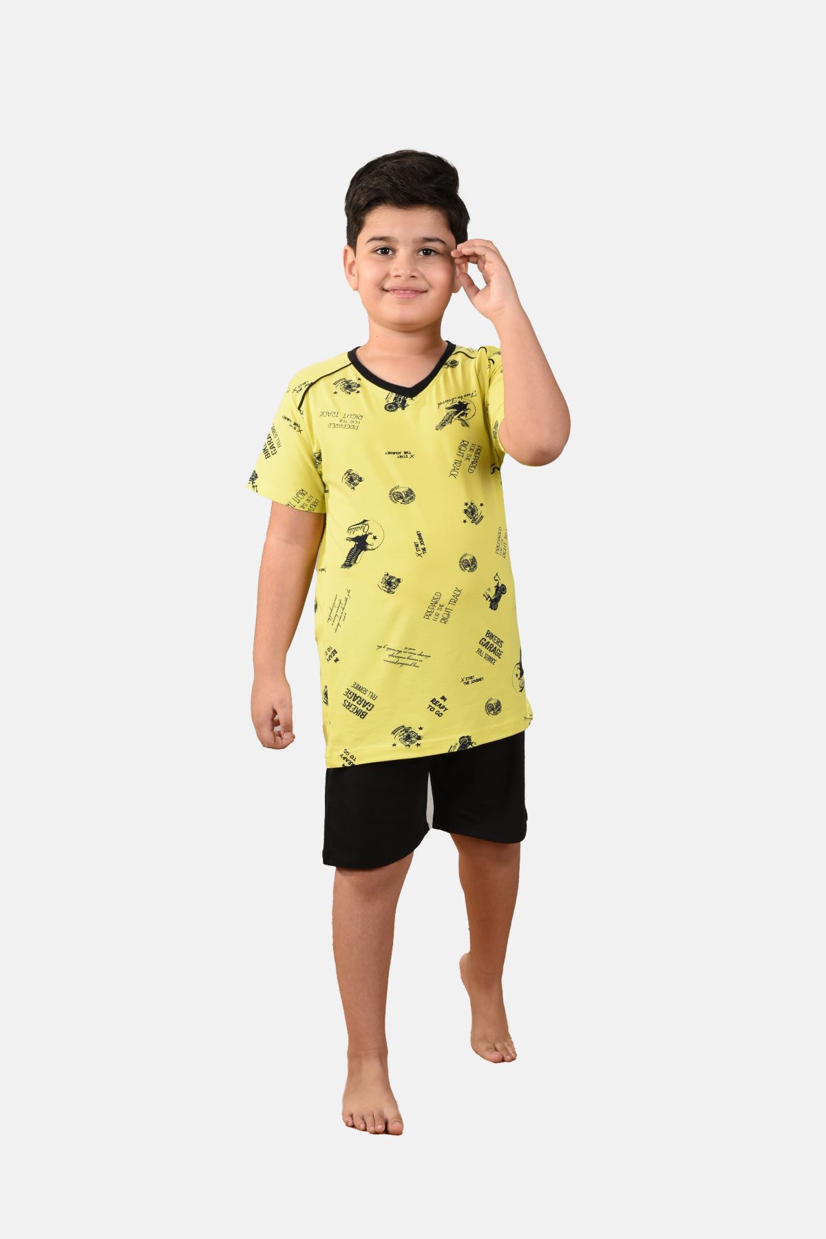 Erkek Çocuk 3 Parça Desenli Yazlık Pijama Takımı 2-14 Yaş 3001 Sarı