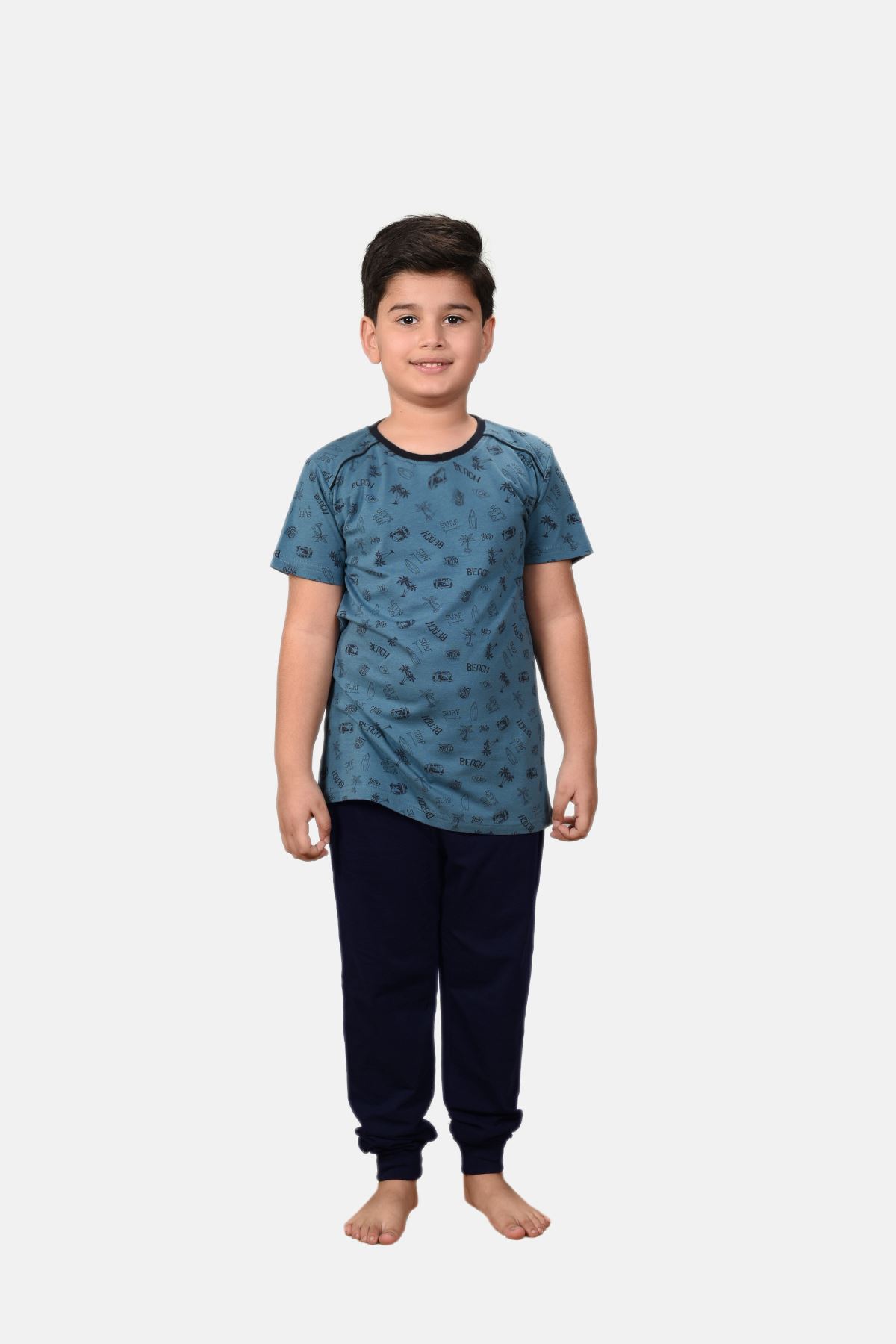 Mavi Erkek Çocuk 3 Parça Desenli Yazlık Pijama Takımı 2-14 Yaş 3001