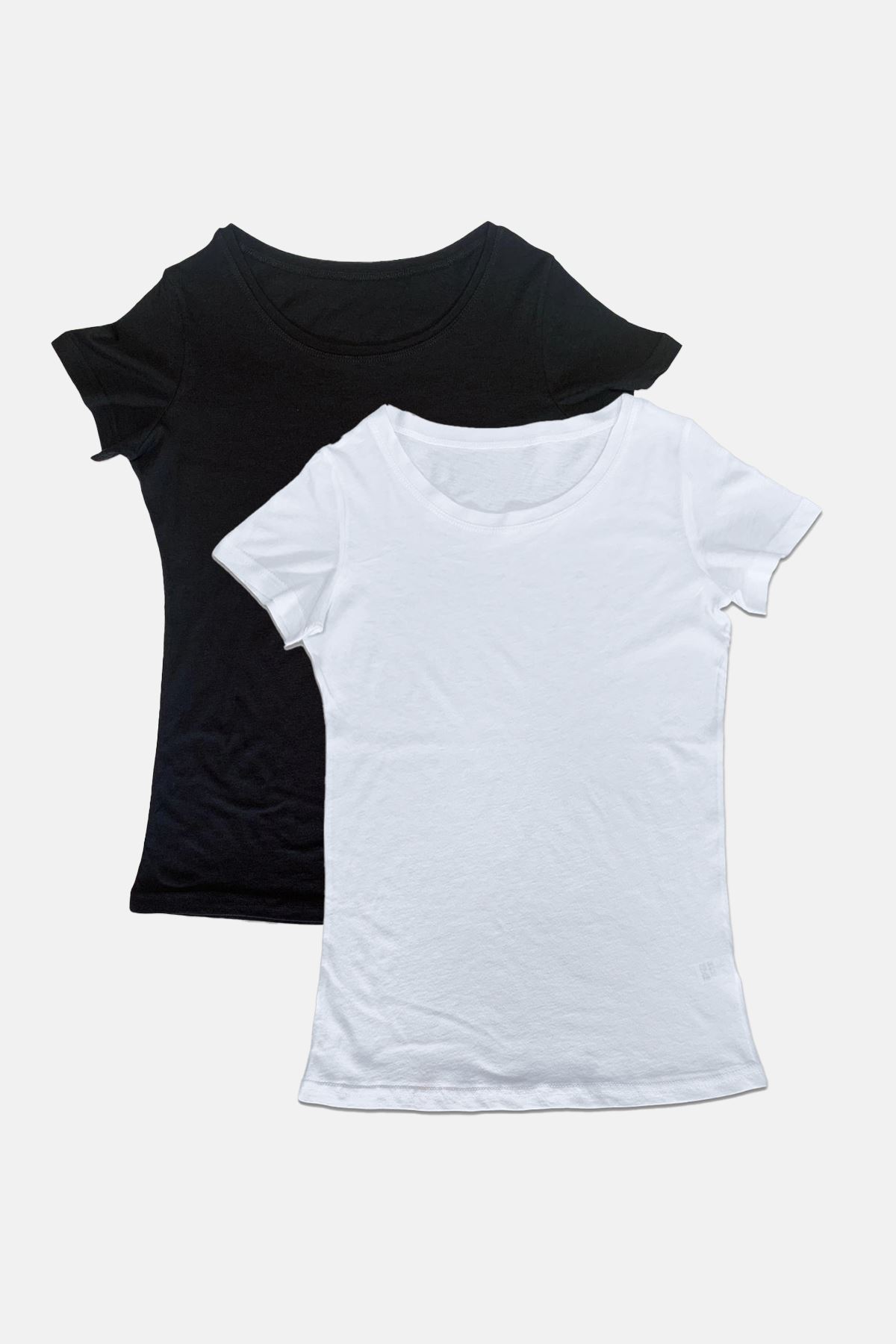 Malabadi Kadın 2 li Paket Siyah-Beyaz Açık Yaka Yaz Serinliği Tişört 2M172 