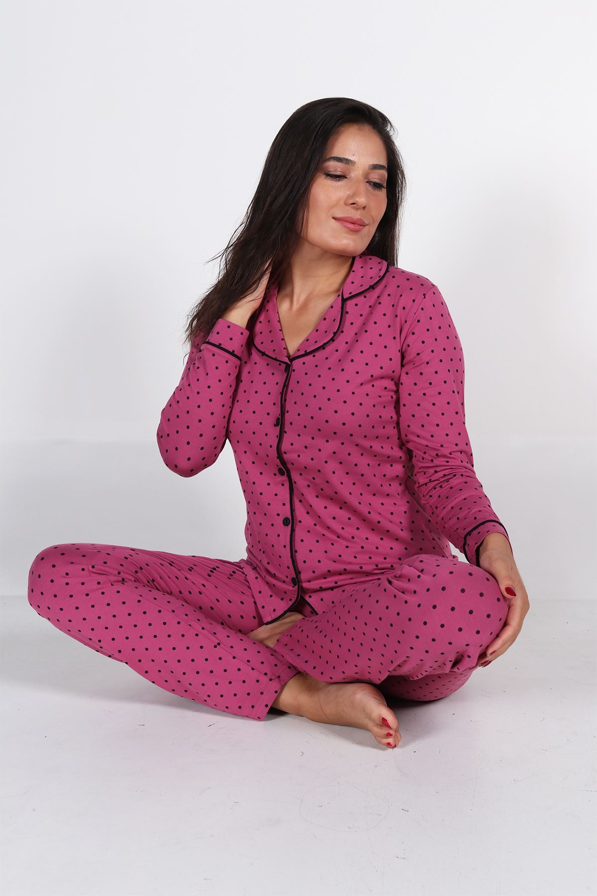 Malabadi Kadın Gül Kurusu Puantiyeli Düğmeli Uzun Kol Pijama Takımı 5007