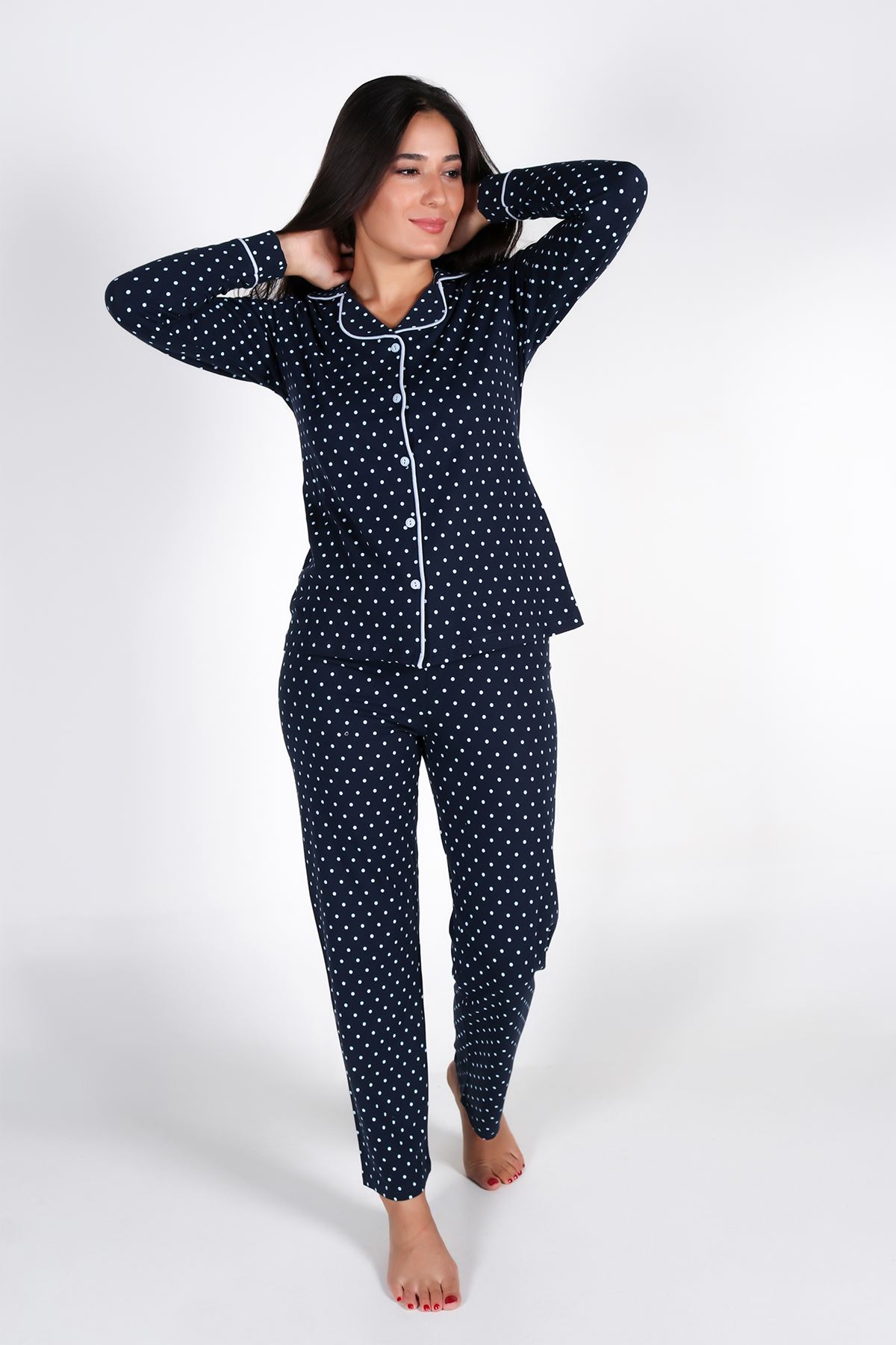 Malabadi Kadın Lacivert Puantiyeli Düğmeli Uzun Kol Pijama Takımı 5007