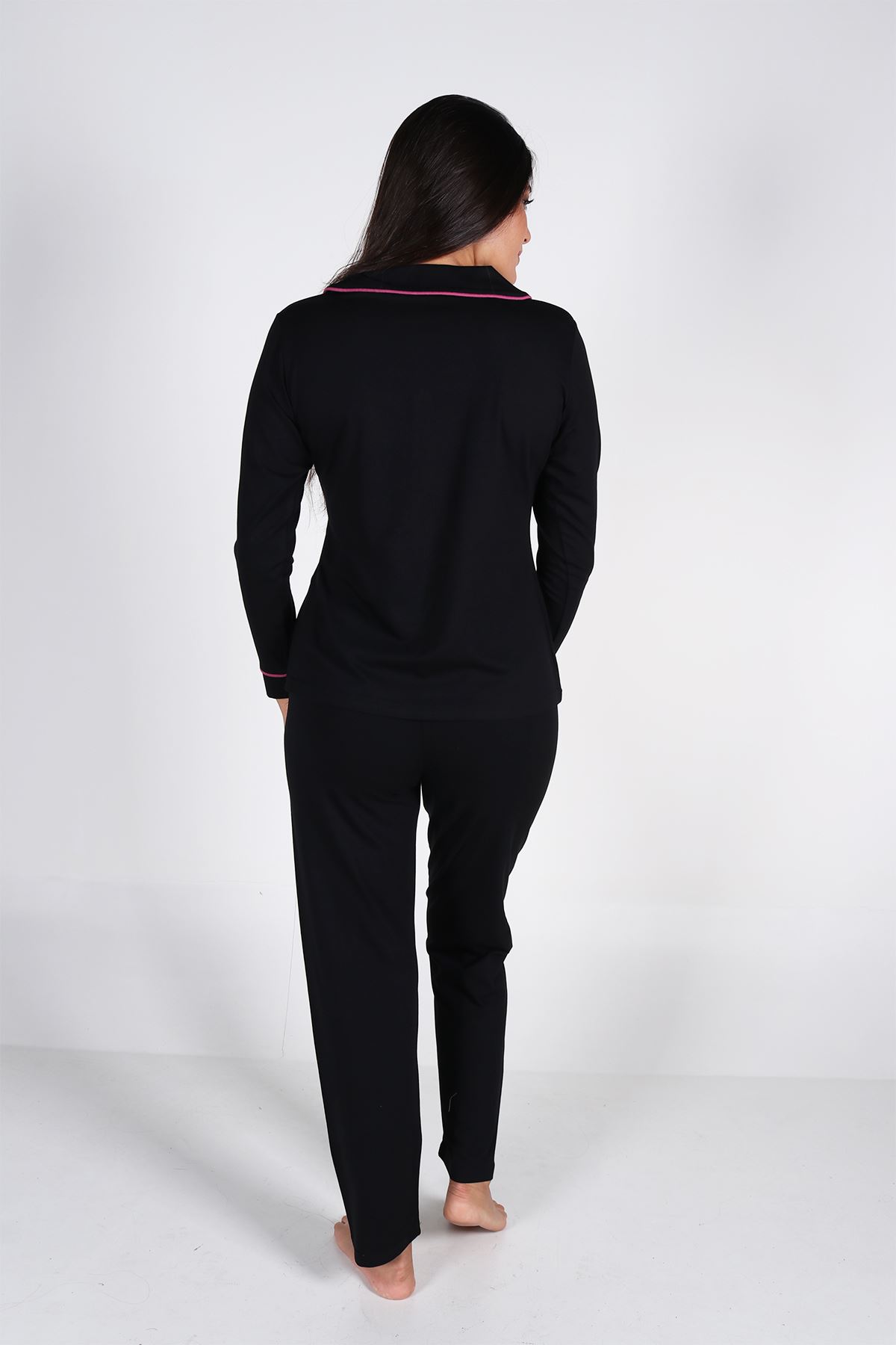 Malabadi Kadın Siyah Düğmeli Uzun Kol Pijama Takımı 5008