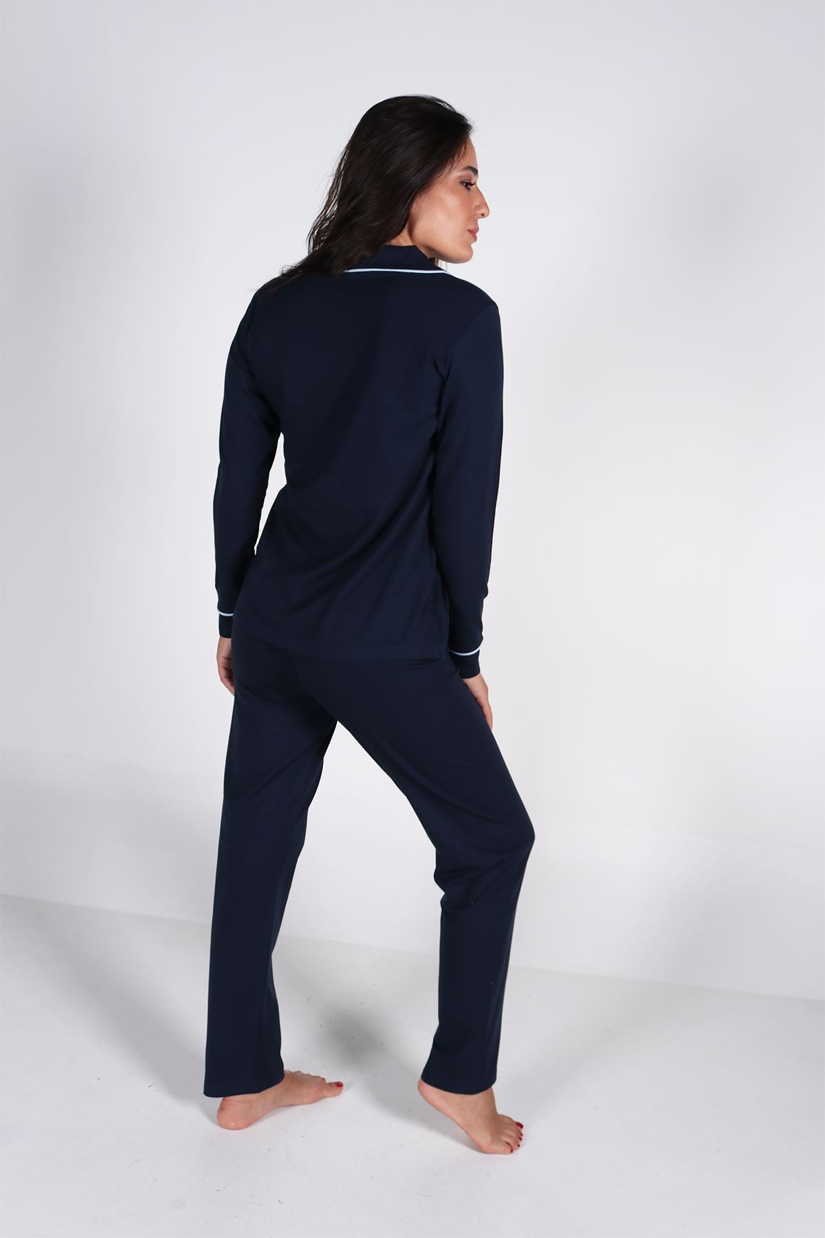 Malabadi Kadın Lacivert Düğmeli Uzun Kol Pijama Takımı 5008