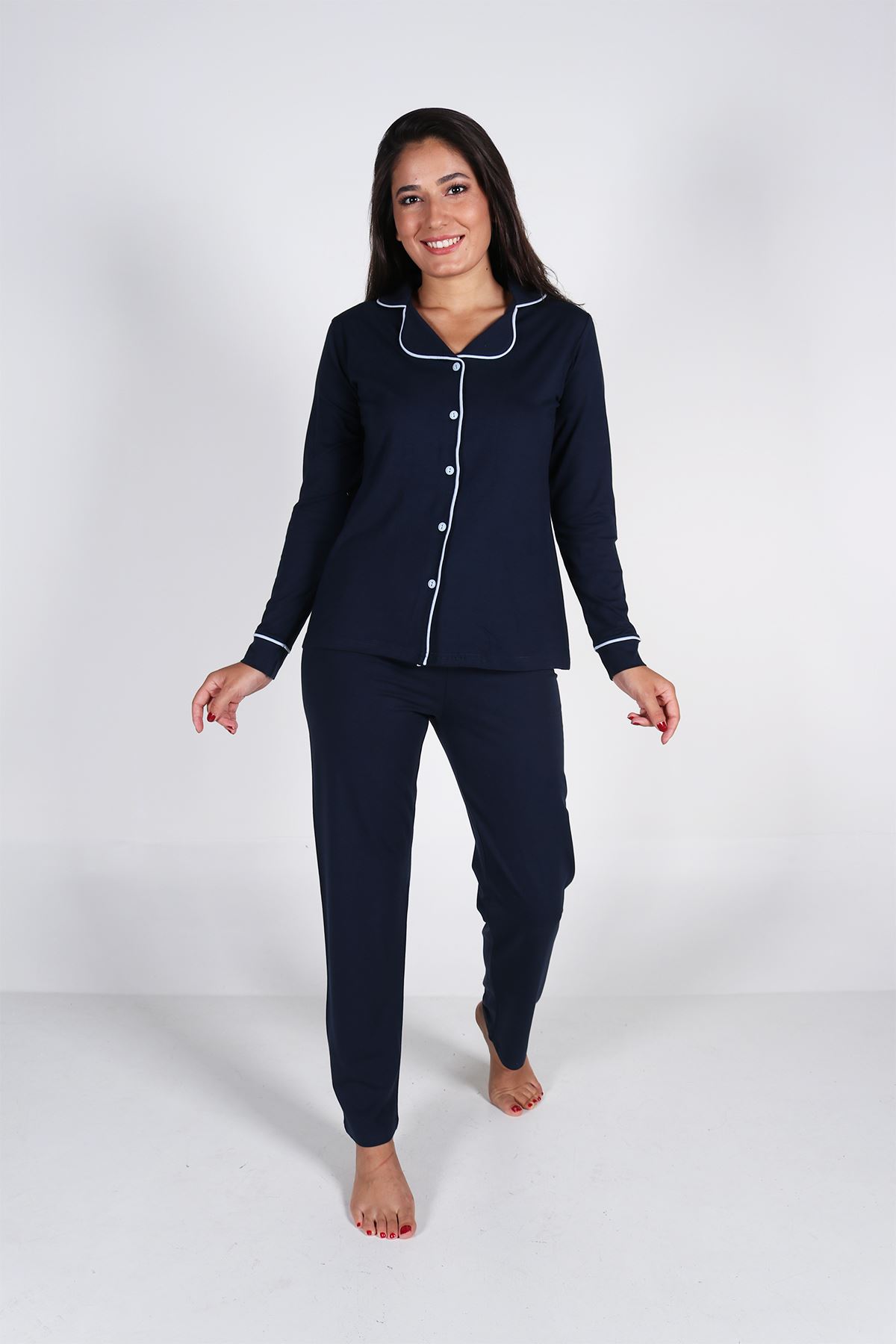 Malabadi Kadın Lacivert Düğmeli Uzun Kol Pijama Takımı 5008