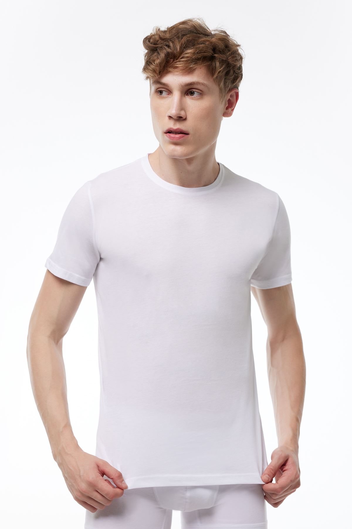 Erkek Beyaz Basic Yuvarlak Yaka İnce Modal Yaz Serinliği Tshirt 084