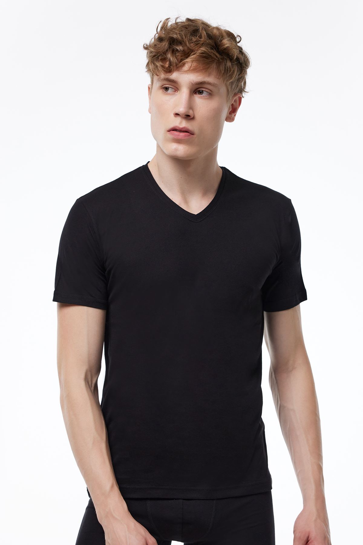 Erkek Siyah Basic V Yaka İnce Modal Yaz Serinliği Tshirt 085