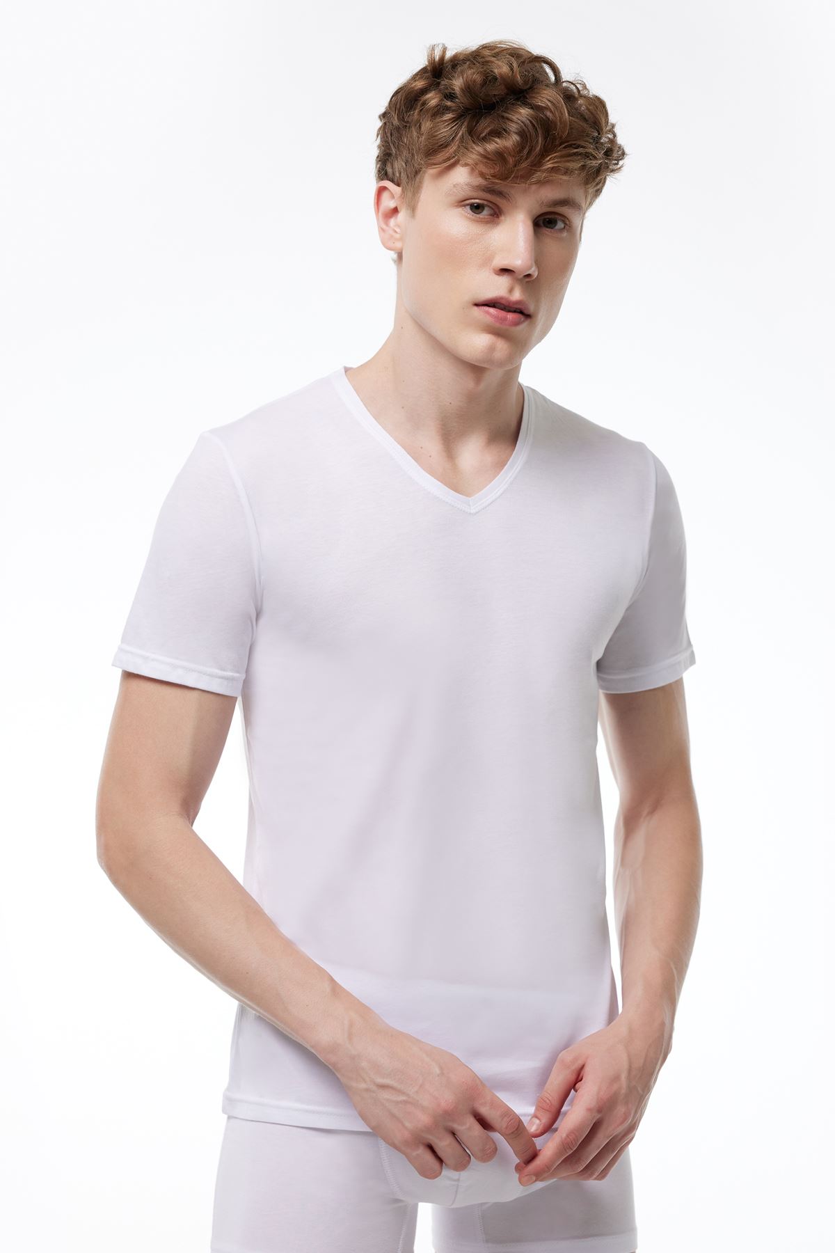 Erkek Beyaz Basic V Yaka İnce Modal Yaz Serinliği Tshirt 085