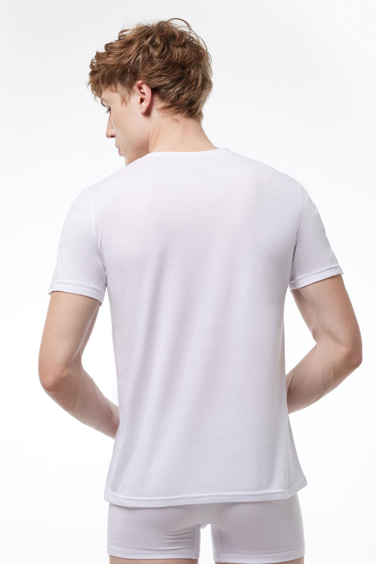 Erkek Beyaz Basic V Yaka İnce Modal Yaz Serinliği Tshirt 085