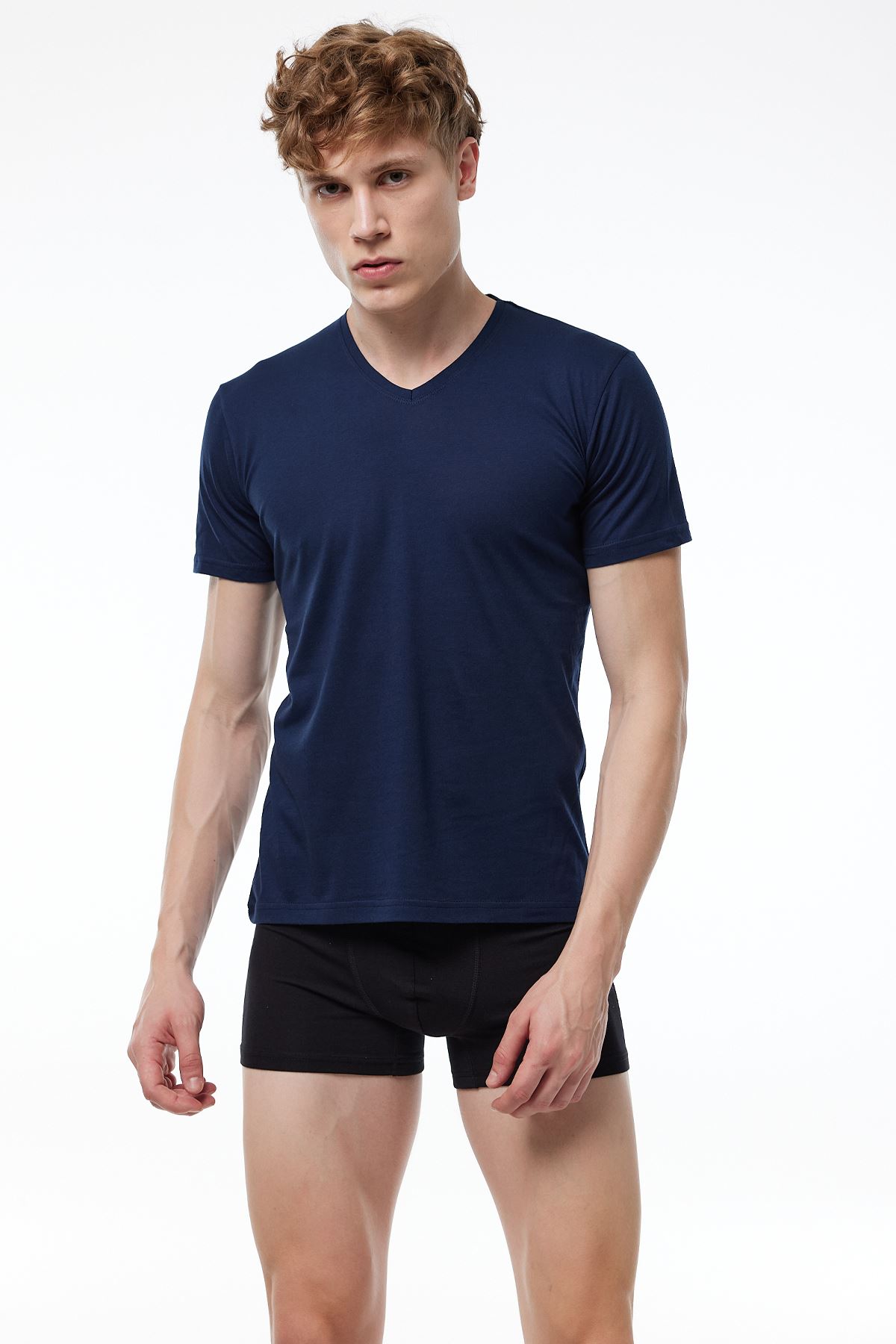 Erkek Lacivert Basic V Yaka İnce Modal Yaz Serinliği Tshirt 085