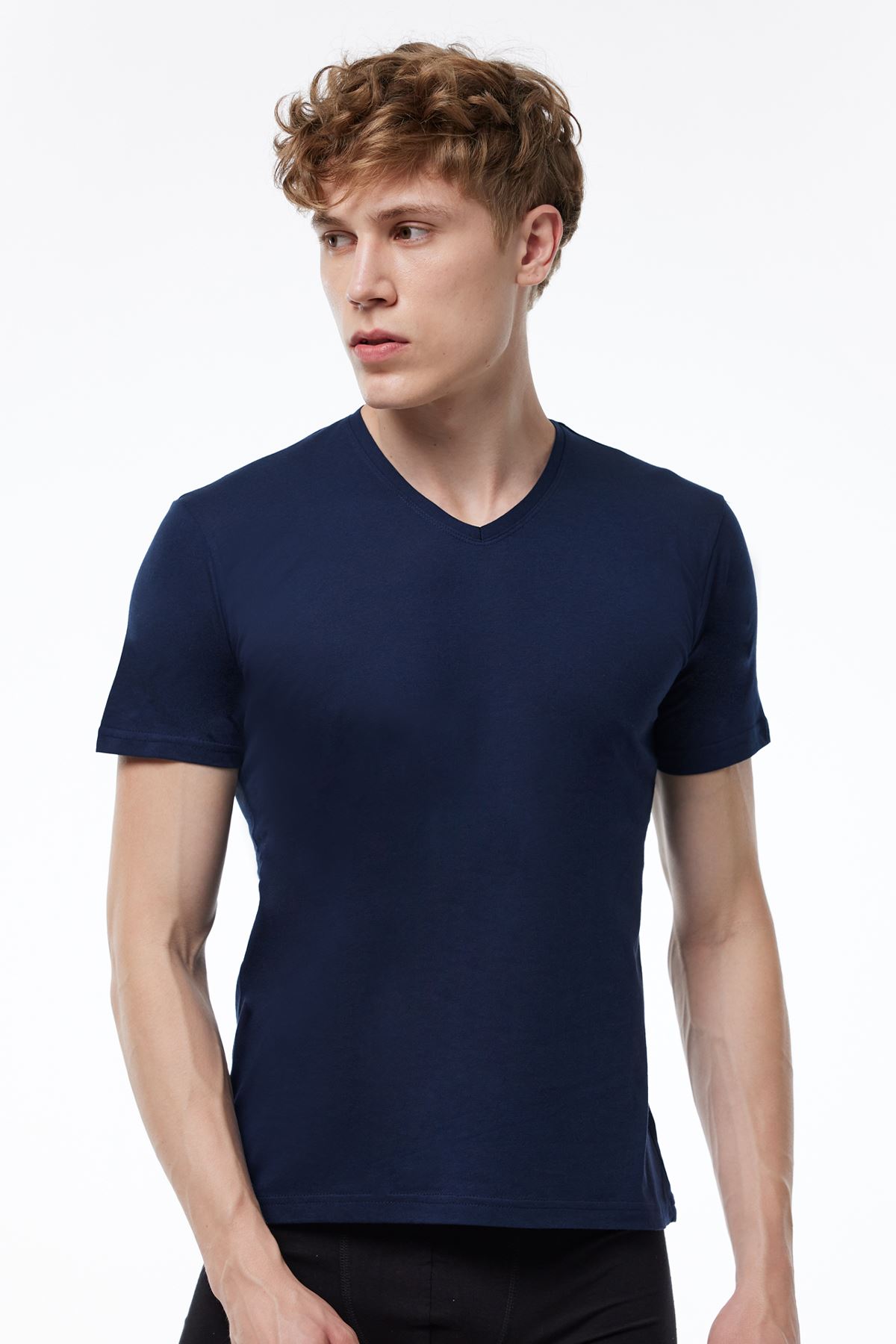 Erkek Lacivert Basic V Yaka İnce Modal Yaz Serinliği Tshirt 085