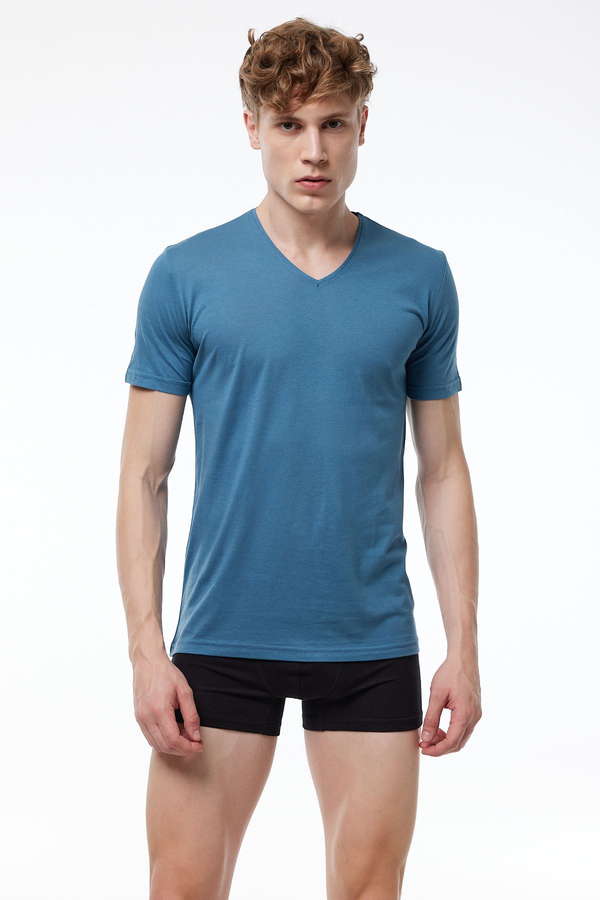 Erkek Mavi Basic V Yaka İnce Modal Yaz Serinliği Tshirt 085