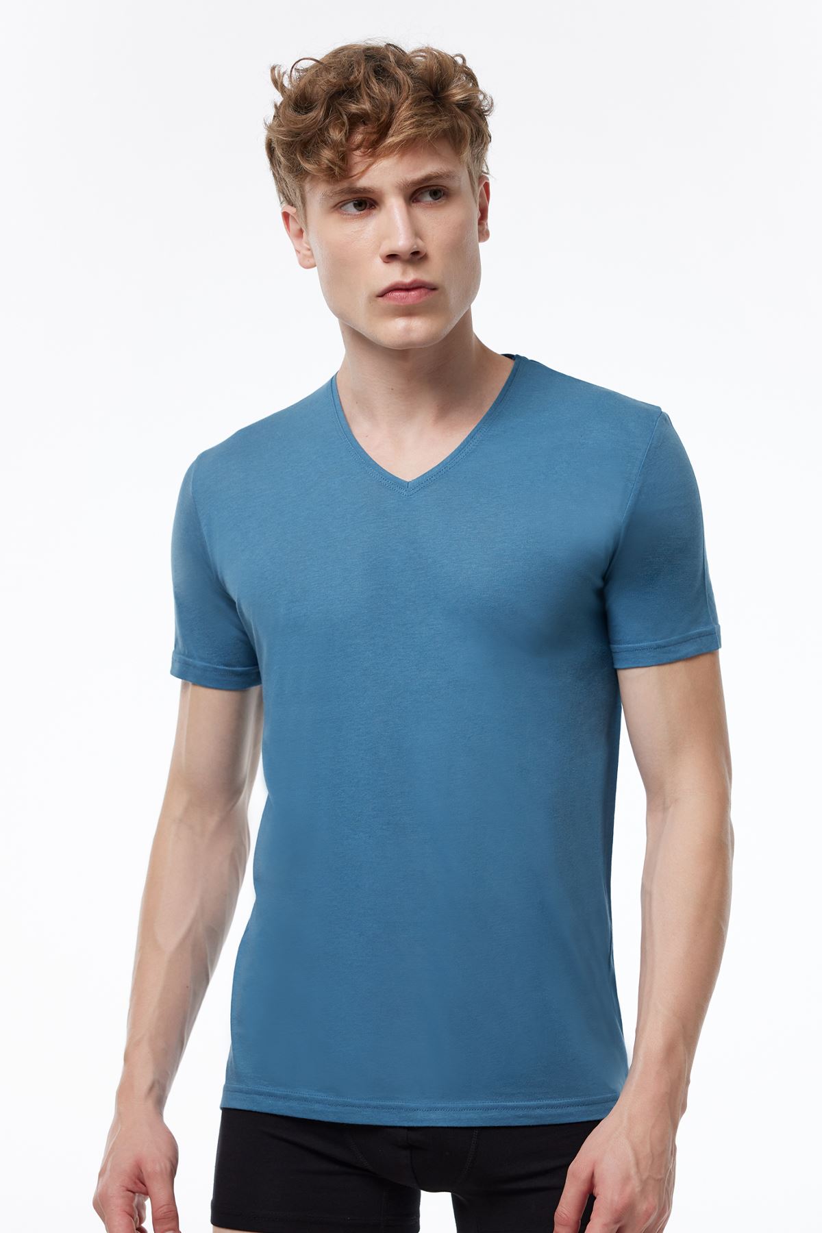 Erkek Mavi Basic V Yaka İnce Modal Yaz Serinliği Tshirt 085