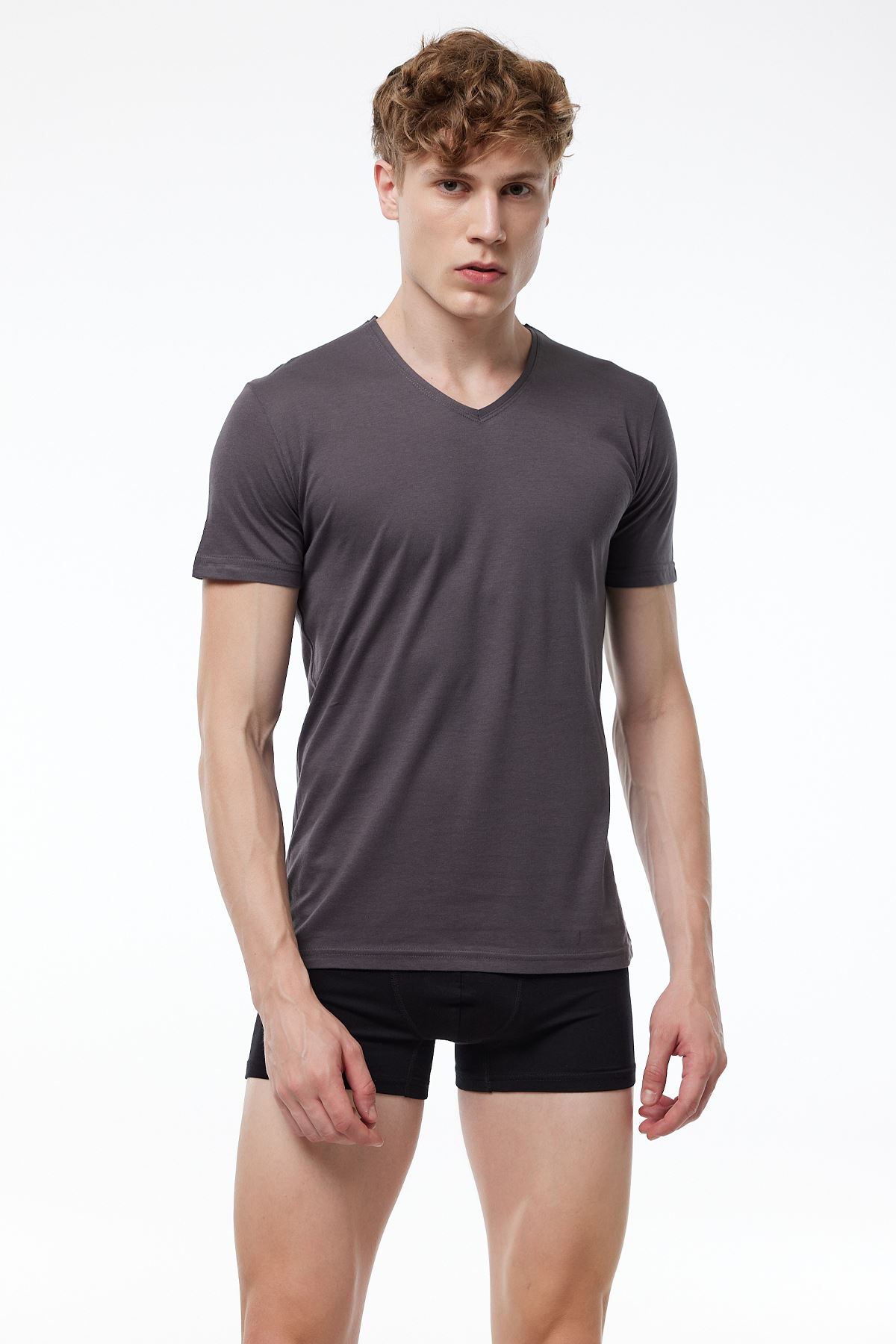 Erkek Füme Basic V Yaka İnce Modal Yaz Serinliği Tshirt 085