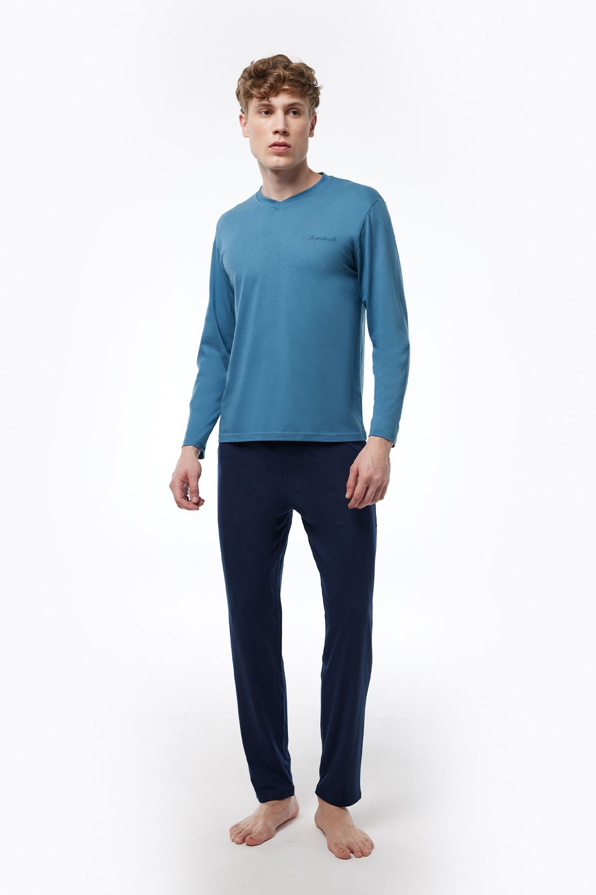 Erkek Mavi V Yaka Uzun Kollu Kışlık Pijama Takımı 6011