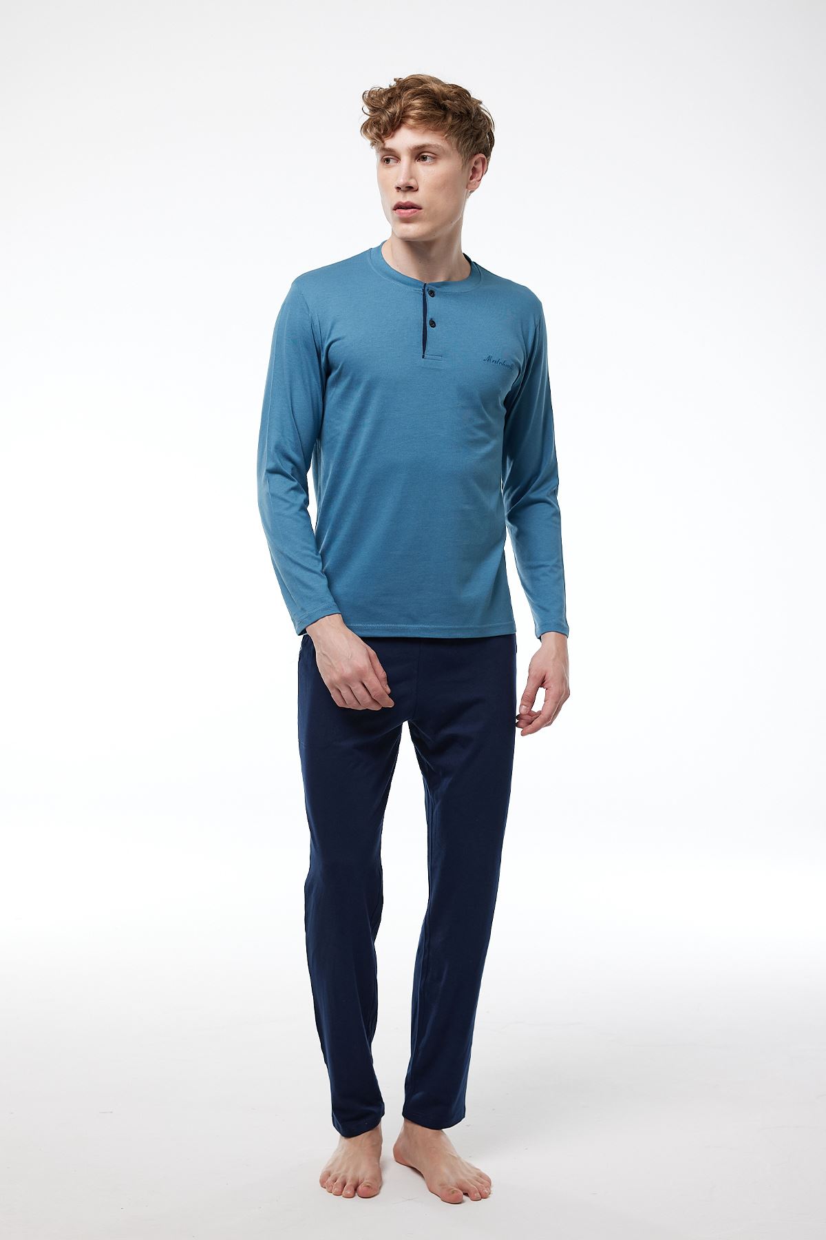 Erkek Mavi Düğmeli Yaka Uzun Kollu Kışlık Pijama Takımı 6010