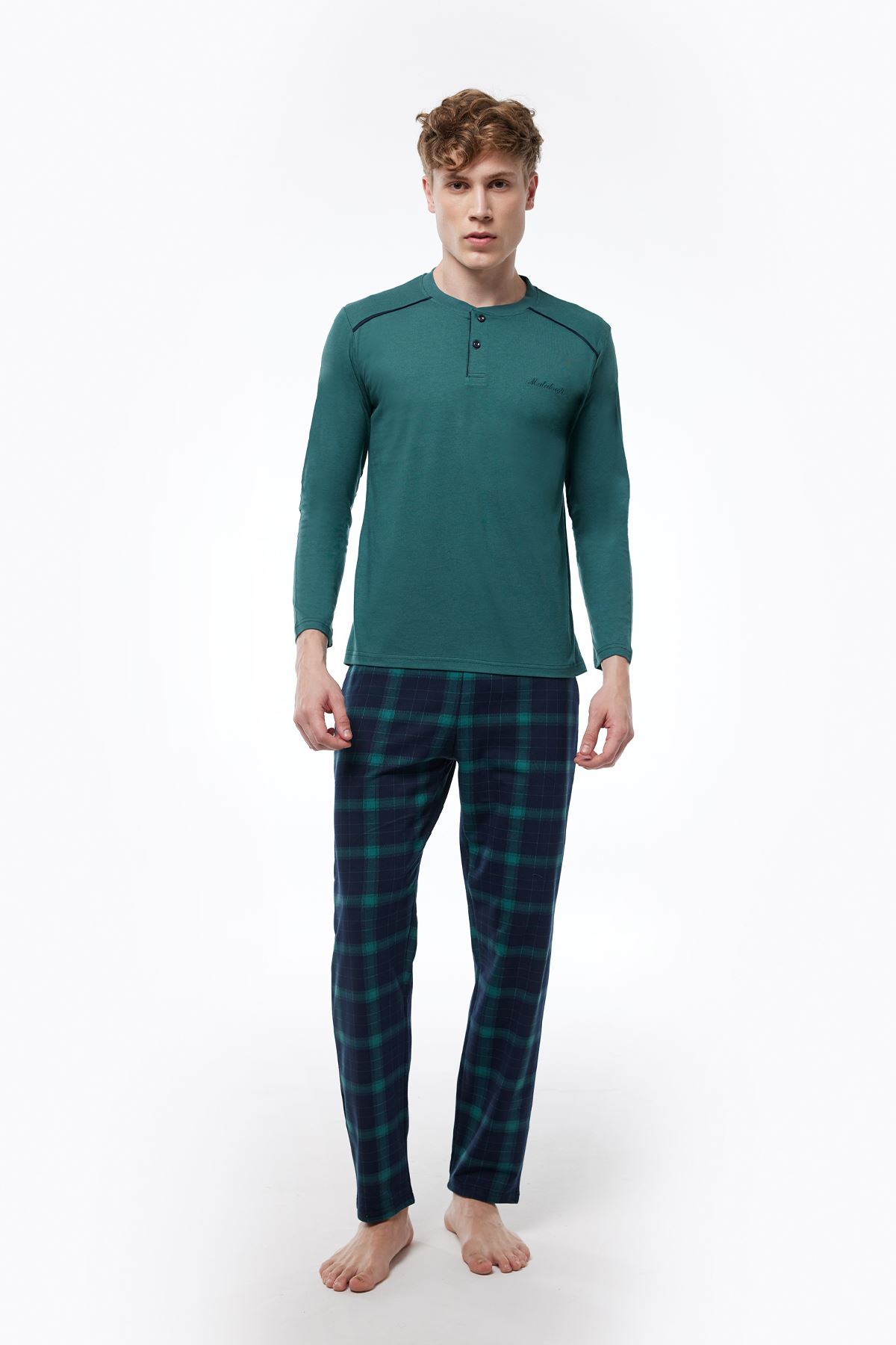 Erkek Yeşil Ekoseli Düğmeli Yaka Uzun Kollu Kışlık Pijama Takımı 6015