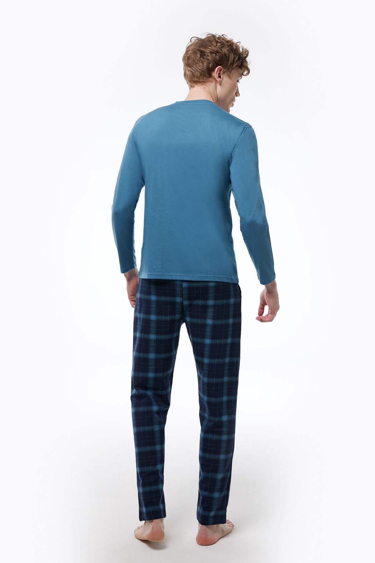 Erkek Mavi Ekoseli V Yaka Uzun Kollu Kışlık Pijama Takımı 6014