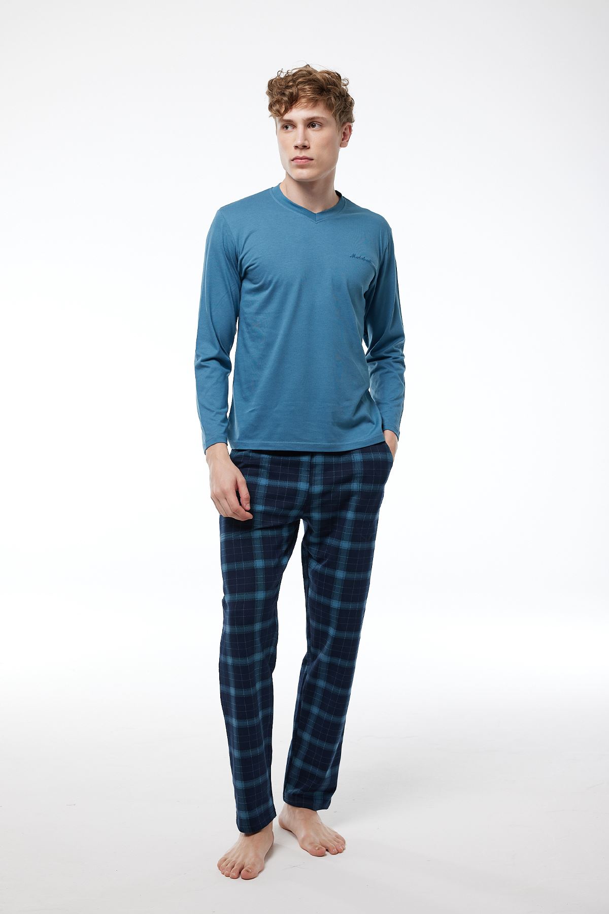Erkek Mavi Ekoseli V Yaka Uzun Kollu Kışlık Pijama Takımı 6014