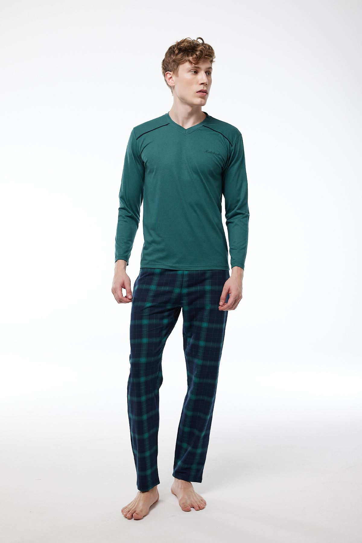 Erkek Yeşil Ekoseli V Yaka Uzun Kollu Kışlık Pijama Takımı 6014