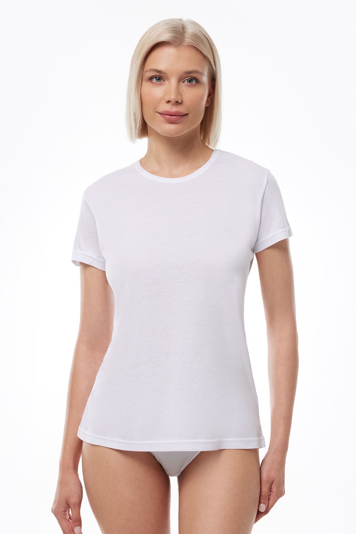 Kadın Beyaz 3 Lü Basic Yuvarlak Yaka İnce Modal Yaz Serinliği Tshirt 3M7050