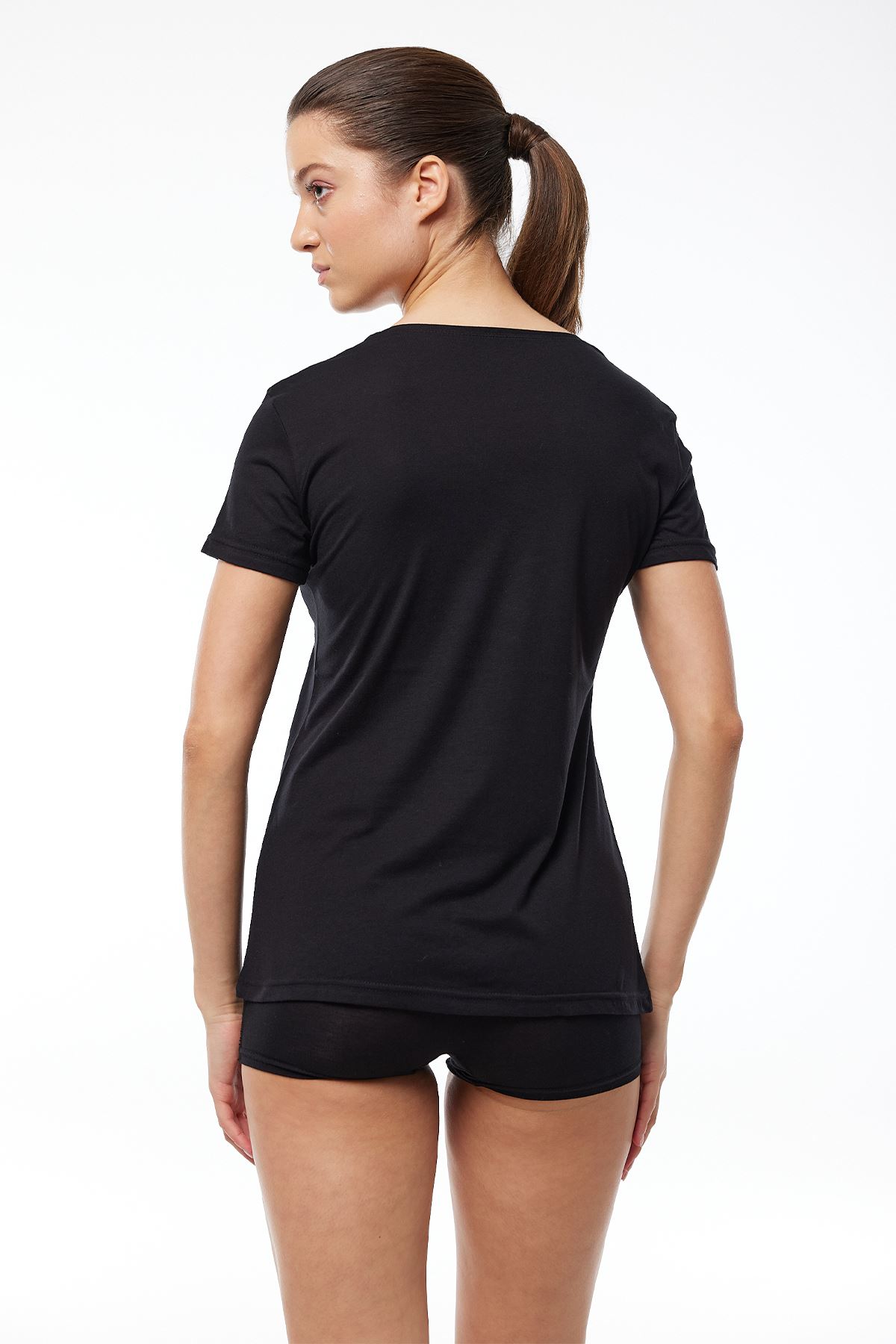 Kadın Siyah V Yaka İnce Modal Yaz Serinliği Tshirt 7051