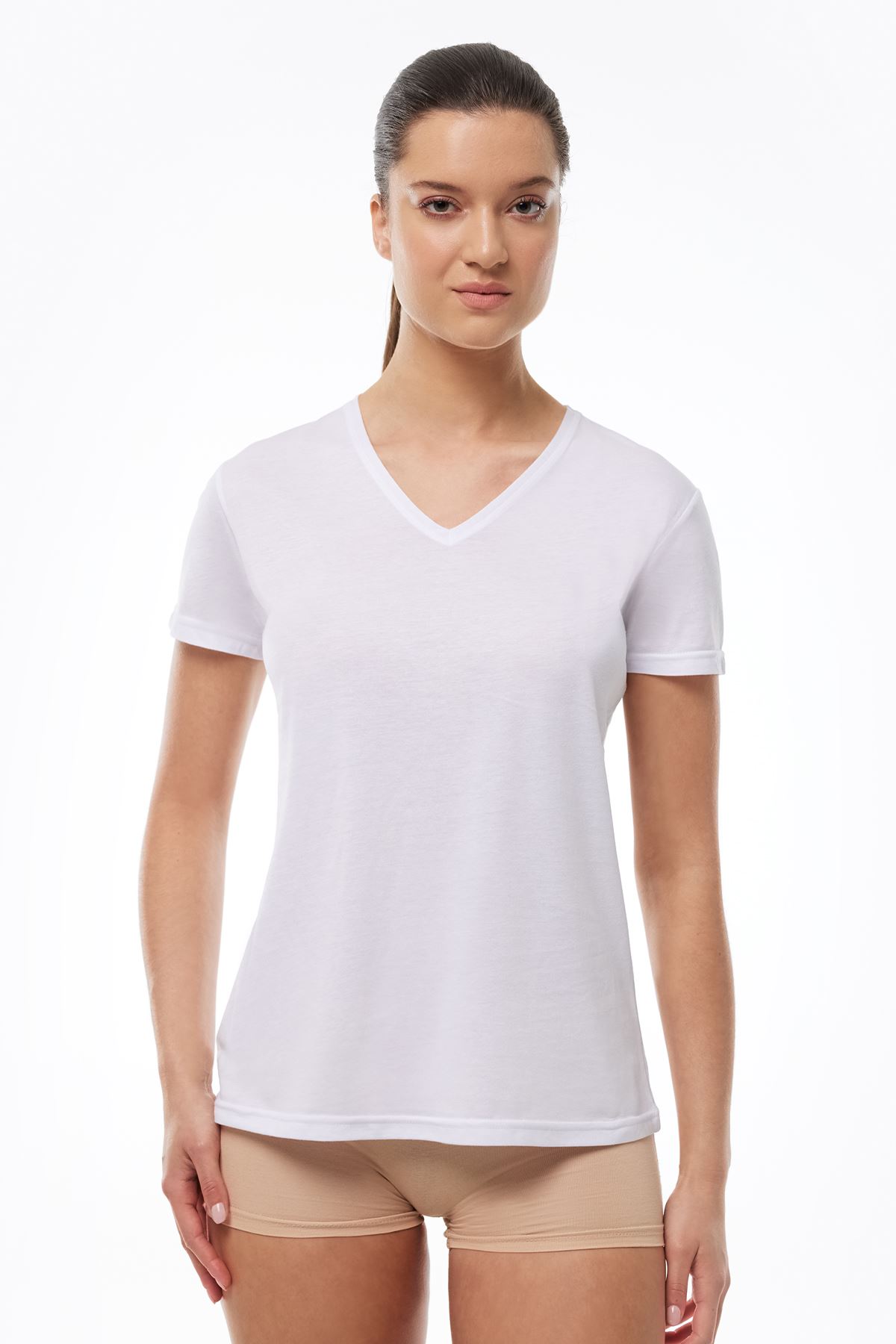 Kadın Beyaz V Yaka İnce Modal Yaz Serinliği Tshirt 7051