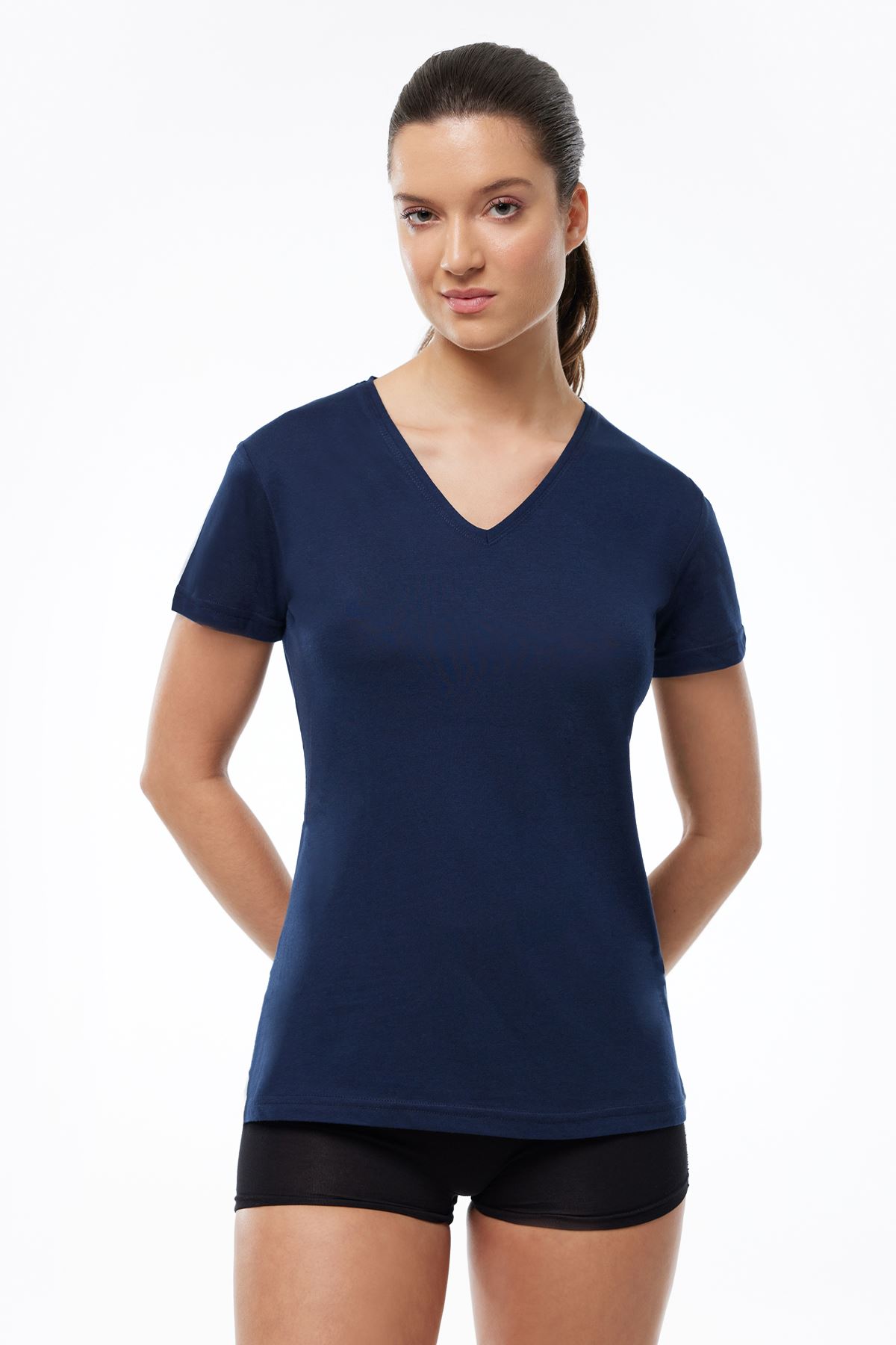 Kadın Lacivert 3 Lü V Yaka İnce Modal Yaz Serinliği Tshirt 3M7051