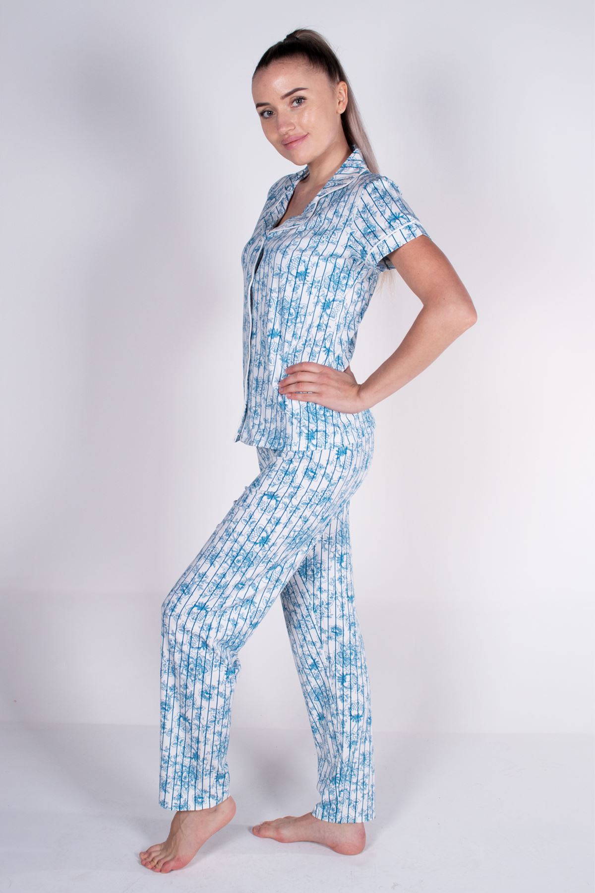 Malabadi Kadın Mavi Çizgili Düğmeli Likralı Modal Yazlık Pijama Takımı 5004