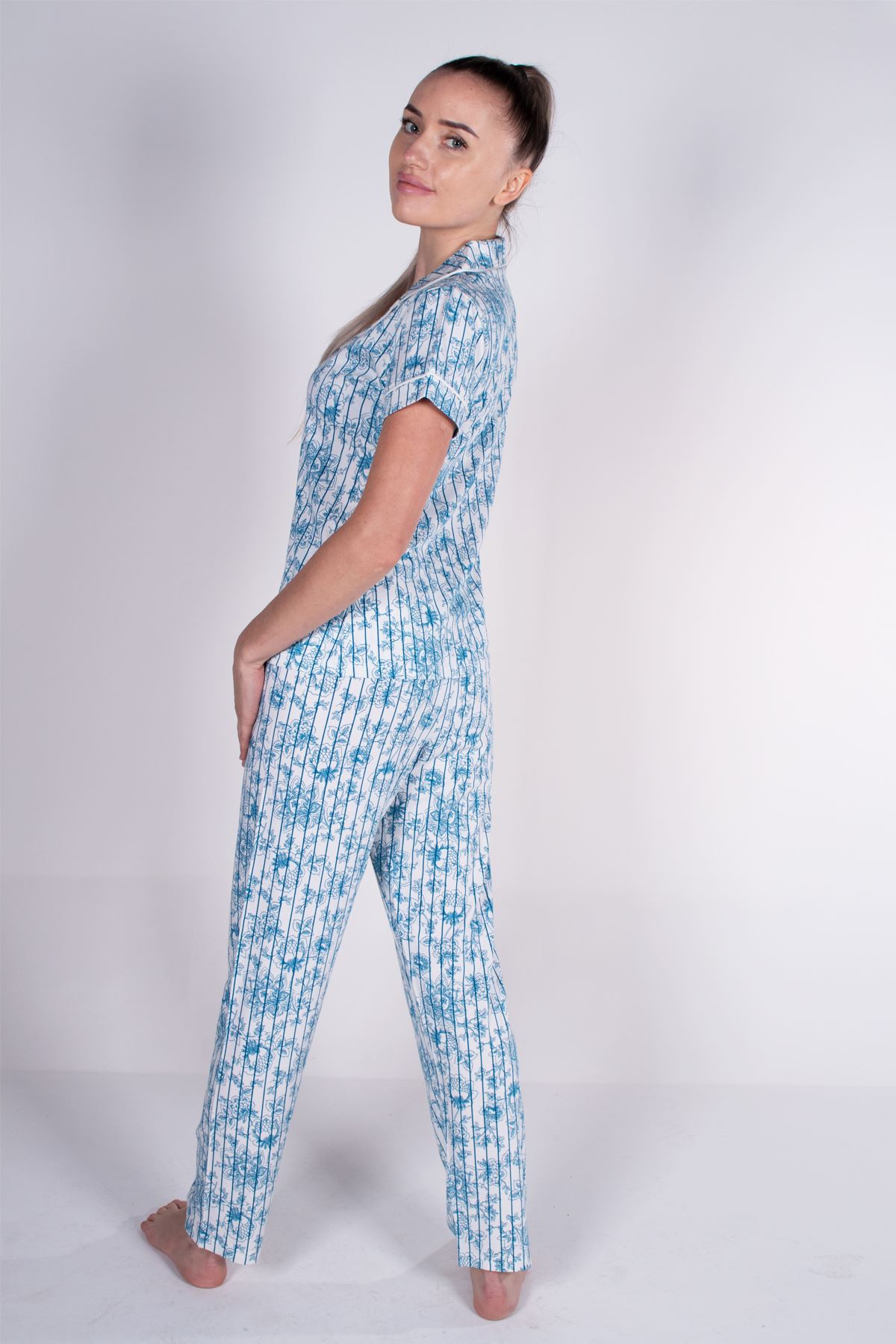 Malabadi Kadın Mavi Çizgili Düğmeli Likralı Modal Yazlık Pijama Takımı 5004
