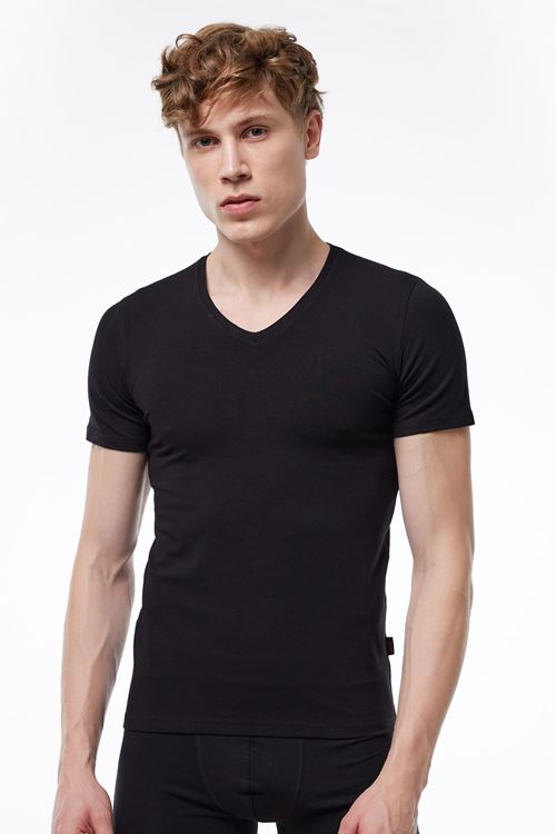 Malabadi Erkek Siyah V Yaka Kısa Kollu Modal T-shirt Body 032