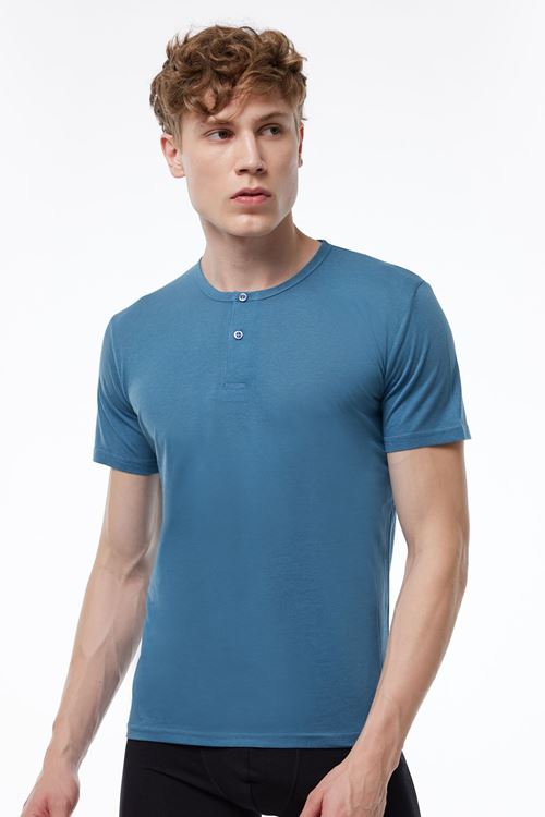 Malabadi Erkek Mavi Düğmeli Yaka İnce Modal Yaz Serinliği T-Shirt 083