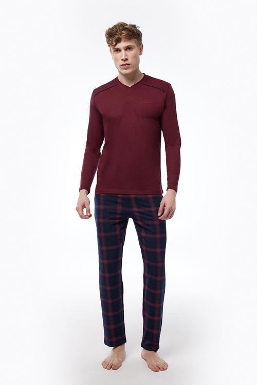 Malabadi Erkek Bordo Ekoseli V Yaka Uzun Kollu Kışlık Pijama Takımı 6014