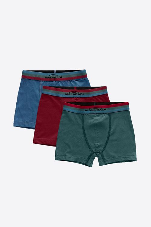 Malabadi Erkek Çocuk Mavi Bordo Yeşil 3 Lü Pamuk Elastan Boxer 3M208
