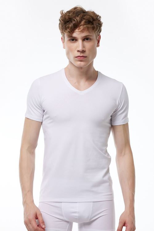 Malabadi Erkek Beyaz V Yaka Kısa Kollu Pamuk Elastan Fanila T-Shirt 092