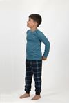 Mavi Ekoseli Erkek Çocuk Pijama Takımı Kışlık Uzun Kollu Pijama 3002