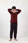 Bordo Ekoseli Erkek Çocuk Pijama Takımı Kışlık Uzun Kollu Pijama 3002