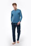 Erkek Mavi Ekoseli Düğmeli Yaka Uzun Kollu Kışlık Pijama Takımı 6015